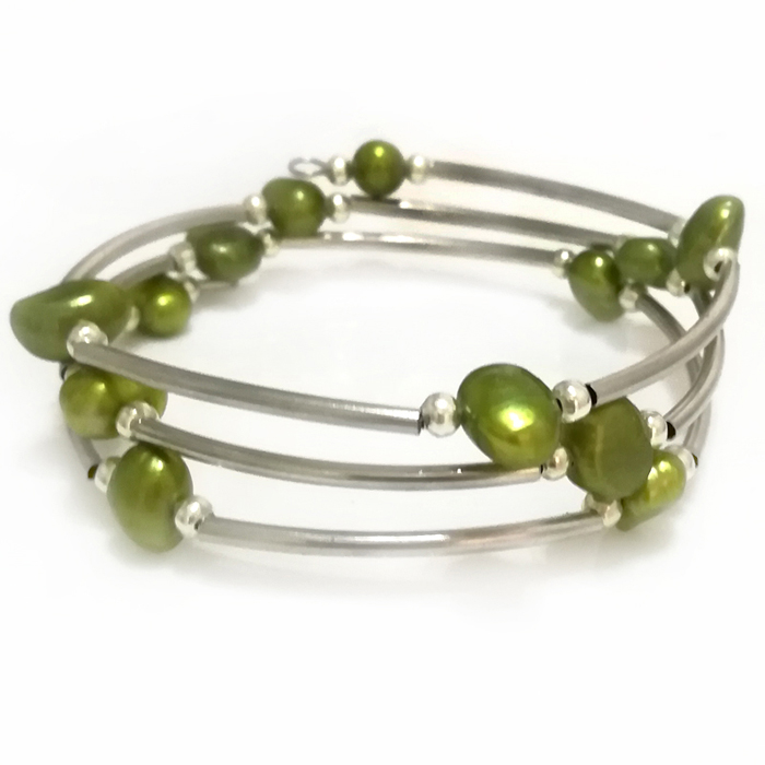 Memory Wire Bracelet - 도매 20인치 8-9mm 올리브 그린 천연